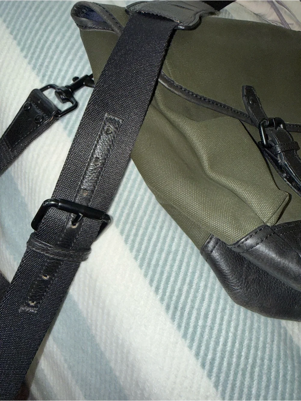 Cole Haan Olive Green Canvas Messenger Bag with Black Leather Detailing